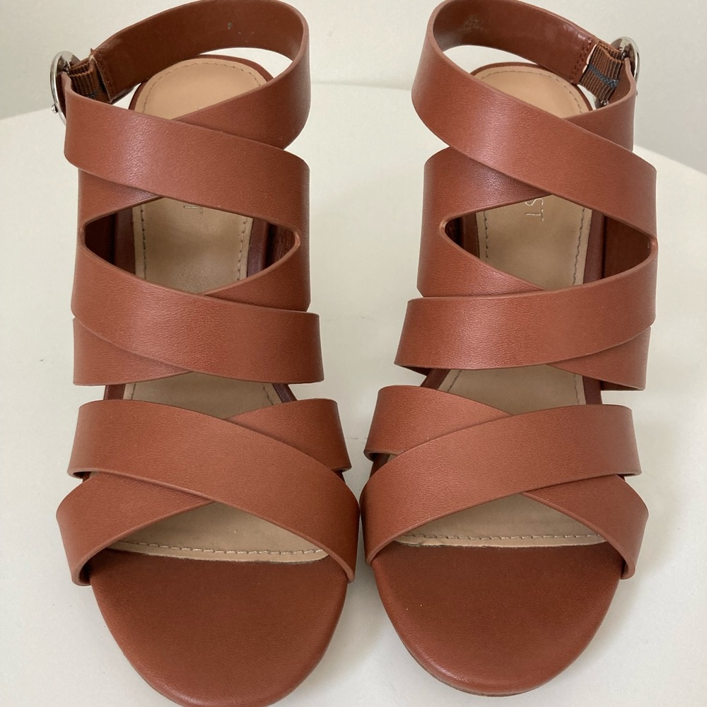 #3. Nine West, Sheena Leather Strappy Heels, Size 6 M, Brown, (Women)